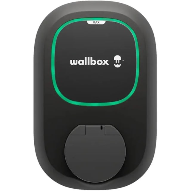 Wallbox Pulsar Max Socket Type 2 Borne de recharge noire murale avec prise Type 2, contour LED vert et capot circulaire en façade