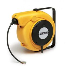 Enrouleur de câble 10 m jaune IP42 avec socle noir et câble sortant