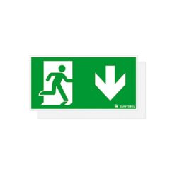 Pictogramme vert de sortie de secours avec flèche vers le bas et silhouette blanche