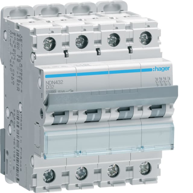 HAGER - Disjoncteur 10kA - D - 4P - 32A - 4M. - NDN432