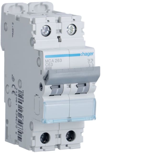 HAGER - Disjoncteur 6kA - C - 2P - 63A - 2M. - MCA263