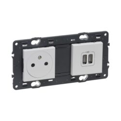 Détails visibles de Prise 2P+T avec double USB blanc affleurant à vis pour Prises avec terre