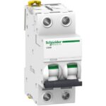 Disjoncteur modulaire 2P 10A courbe C, configuration visible
