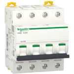 Disjoncteur modulaire 4P 20A courbe B, configuration visible
