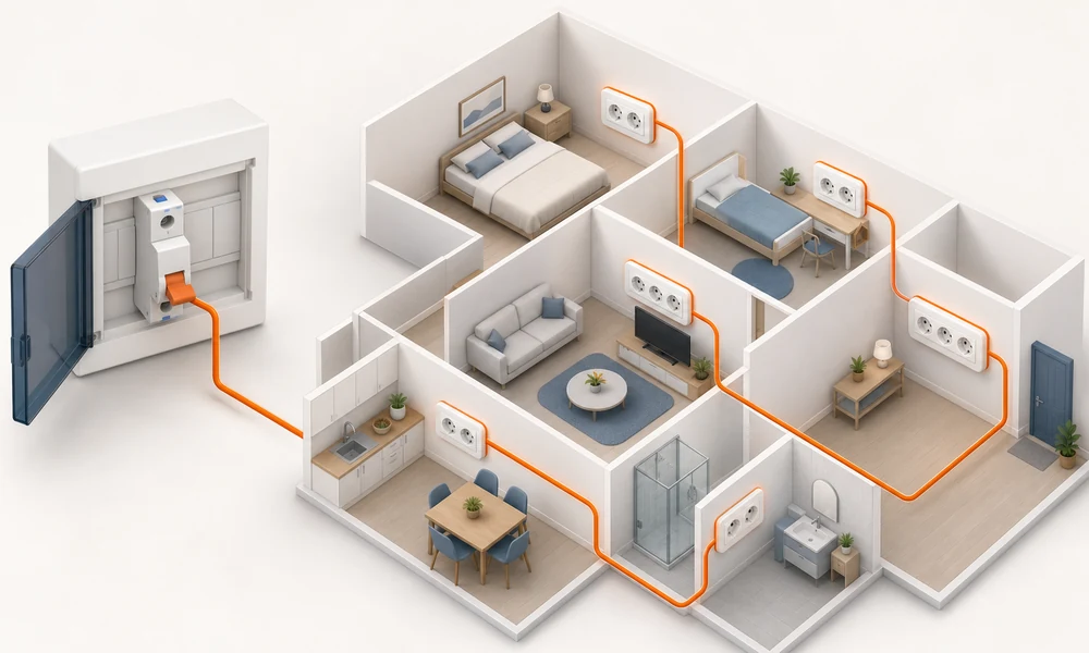 Illustration d’un circuit de prises distribué dans plusieurs pièces d’une habitation