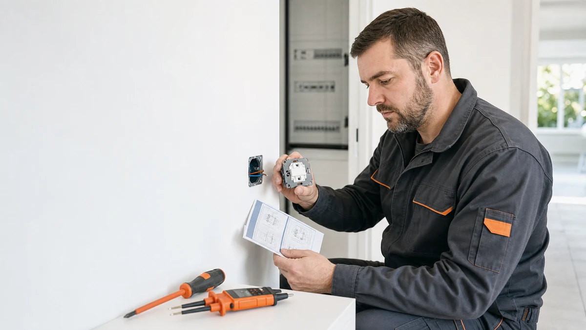 Électricien vérifiant le branchement d’un interrupteur mural hors tension