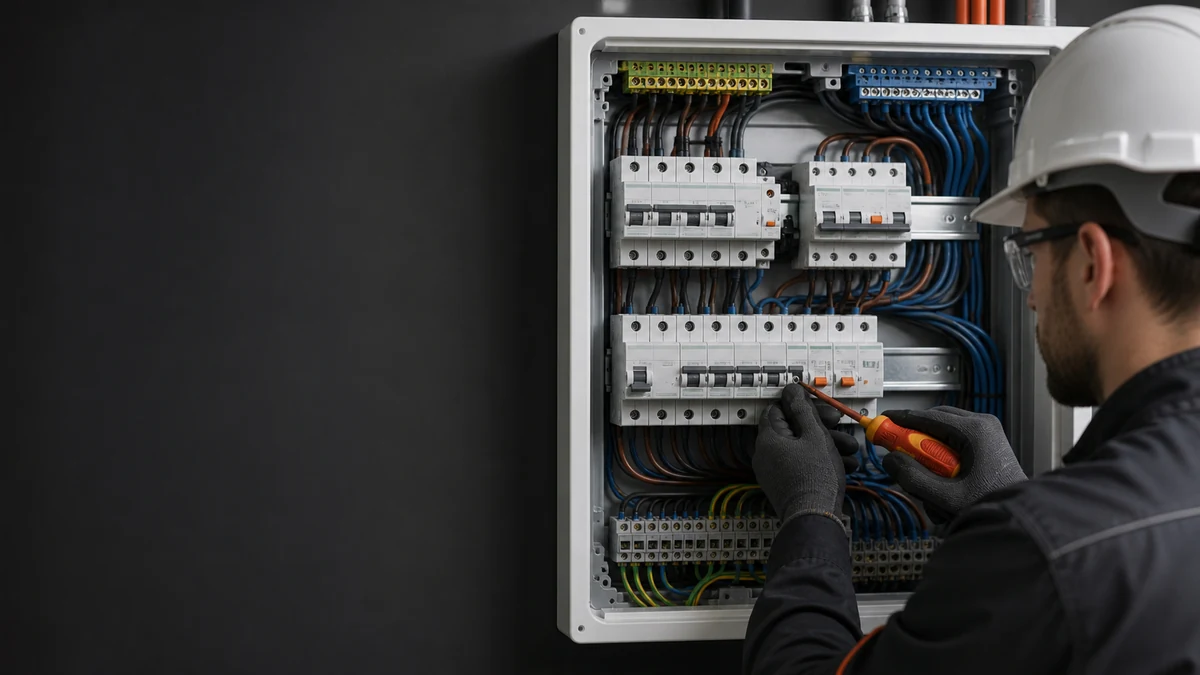 Électricien câblant méthodiquement un coffret électrique domestique hors tension