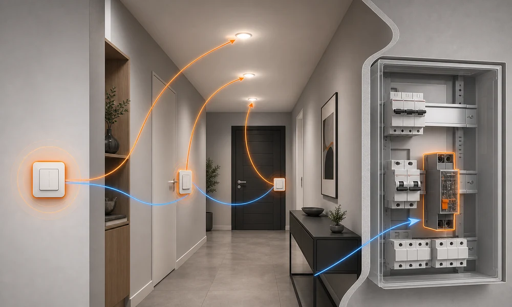 Trois boutons-poussoirs commandant plusieurs luminaires par un télérupteur au tableau