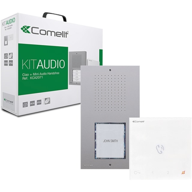 Kit portier audio avec Comelit détail produit Détails visibles de Kit portier audio avec poste intérieur Mini HF pour Kits parlophone