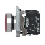 Bouton poussoir lumineux rouge affleurant Ø22 24V 1O+1F, configuration visible, vue complémentaire 2