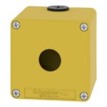Boîtier métal jaune arrêt d'urgence 1 trou 22 mm, configuration visible, vue complémentaire 1