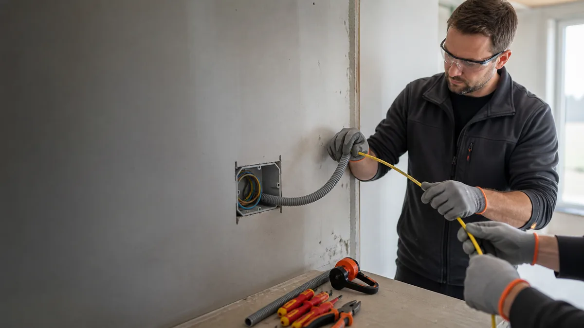Électricien guidant un câble dans une gaine annelée avec une aiguille tire-fil