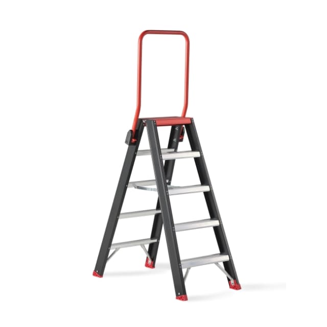 Détails visibles de Taurus escabeau double accès TDO - 5 marches - garde-corps pliable pour Escabeaux