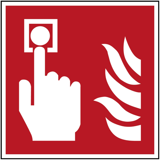 Symbole blanc de déclencheur manuel et flammes sur fond rouge