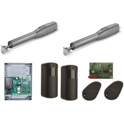 Deux motoréducteurs gris, armoire, photocellules et télécommandes du kit