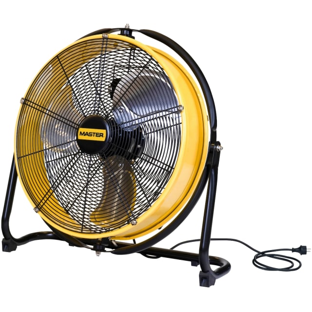 Ventilateur jaune et noir sur support tubulaire avec grille de protection