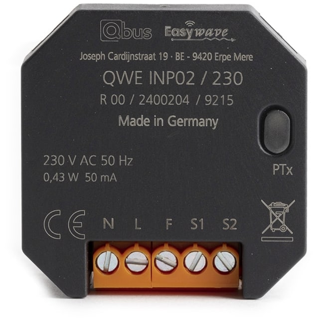 Détails visibles de Module d'entrée sans-fil Easywave 230V pour 2 boutons-poussoirs/interrupteurs pour Extensions d’entrées / sorties