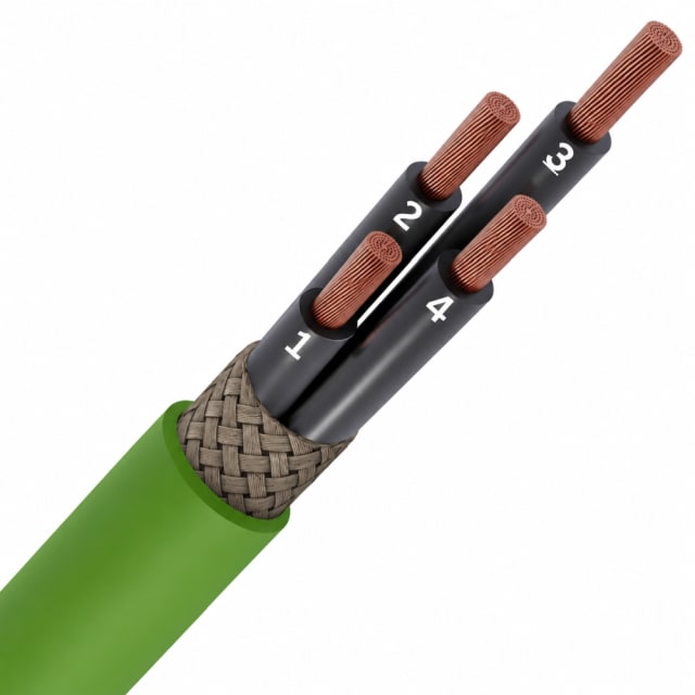 Câble vert blindé ouvert avec quatre conducteurs numérotés
