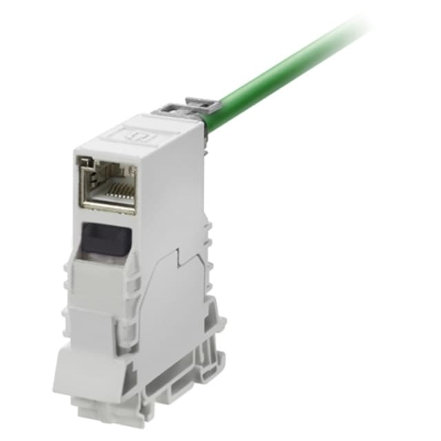 Module gris clair avec port RJ45 et câble vert en partie supérieure