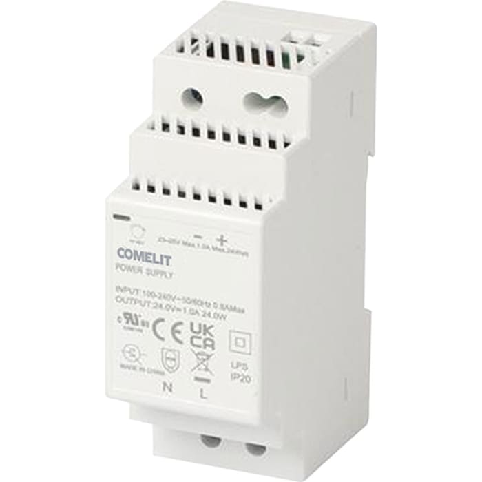 Comelit présentation technique du Alimentation sur rail DIN 230 V Alimentation sur rail DIN 230 V AC vers 12 V DC 2 A, configuration et finitions visibles