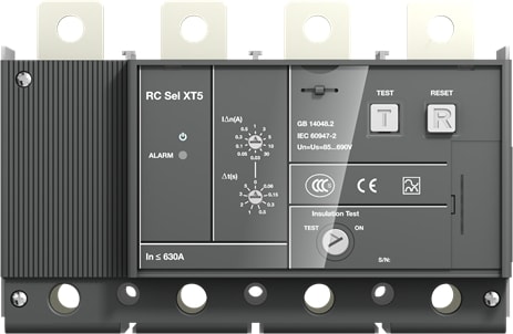 ABB présentation technique du Déclencheur différentiel type B pour disjoncteur Déclencheur différentiel type B pour disjoncteur XT5 4P, configuration et finitions visibles