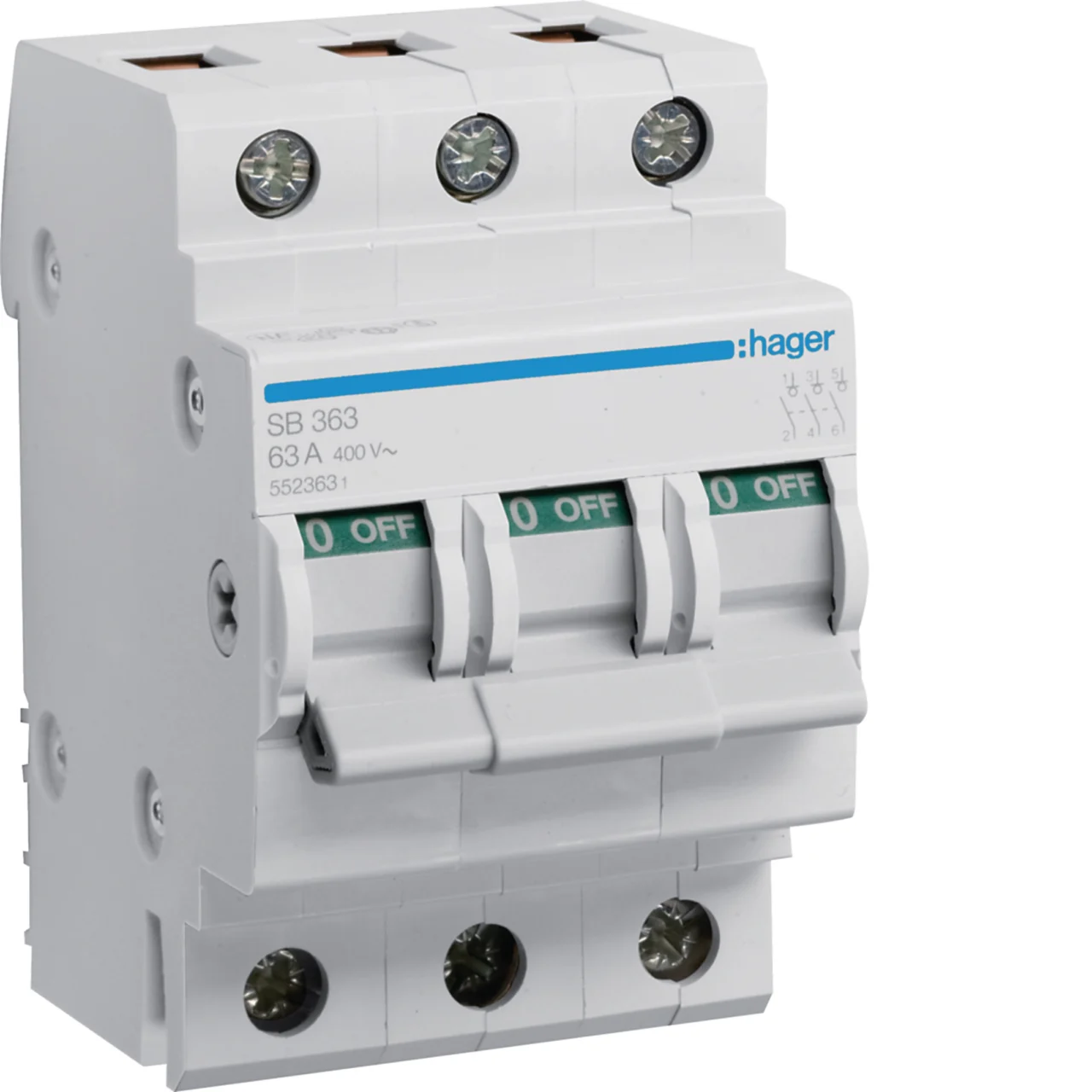 HAGER — vue produit de Interrupteur tripolaire 63A 400V 3 Interrupteur tripolaire 63A 400V 3 modules, forme et finition du produit visibles