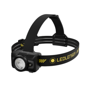 Lampe frontale noire à optique ronde avec bandeau marqué jaune et sangle supérieure