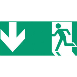 Pictogramme sortie de secours double face bas, forme et finition du produit visibles