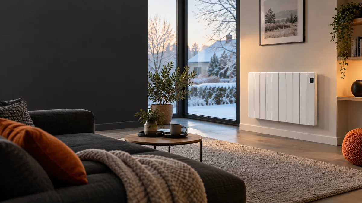 Radiateur électrique à inertie installé dans un séjour moderne bien isolé