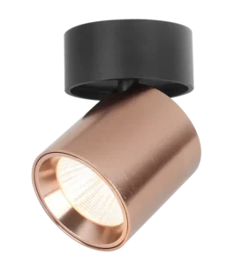 Spot cylindrique bronze incliné sous une base ronde noire avec réflecteur visible