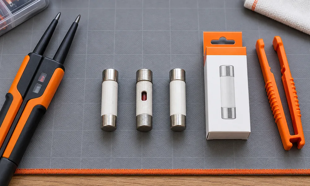 Cartouches fusibles retirées avec vérificateur de tension et extracteur isolant