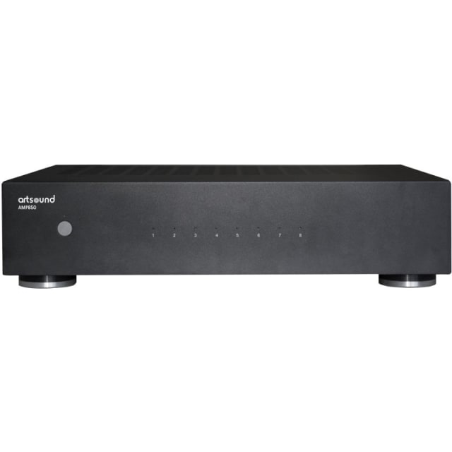 ArtSound AMP850, présentation du panneau avant Amplificateur noir en façade avec bouton de marche et voyants