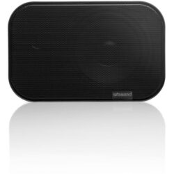 Enceinte noire rectangulaire à angles arrondis avec grille perforée en façade
