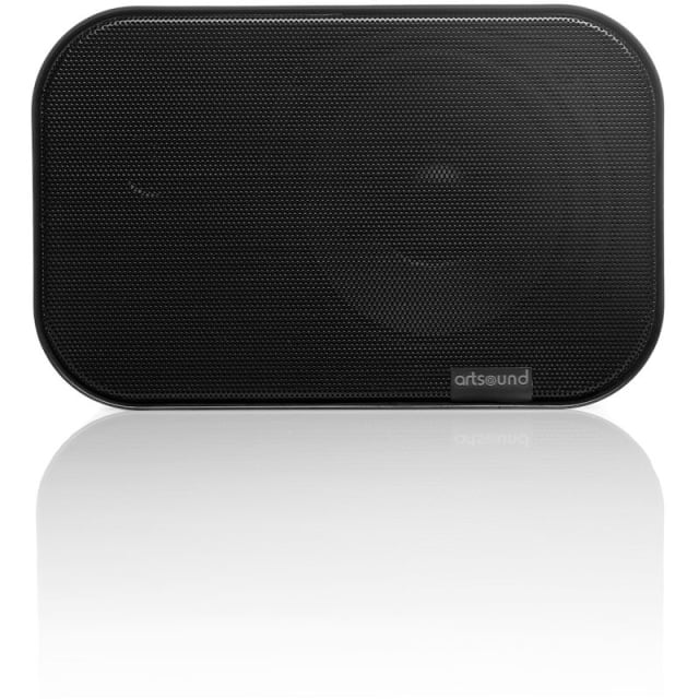 Enceinte noire rectangulaire à angles arrondis avec grille perforée en façade