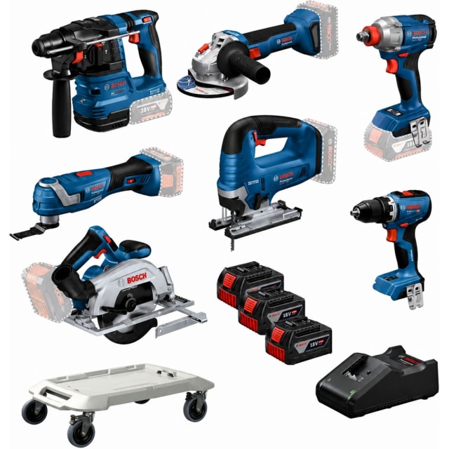 Sept machines sans fil bleues avec batteries rouges et noires, chargeur et chariot de coffrets