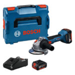 Meuleuse bleue avec coffret ouvert, deux batteries et chargeur