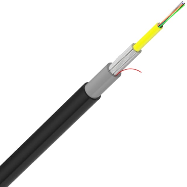 Corning FREEDM, construction optique à tube central Câble noir dénudé avec renforts blancs et tube central jaune