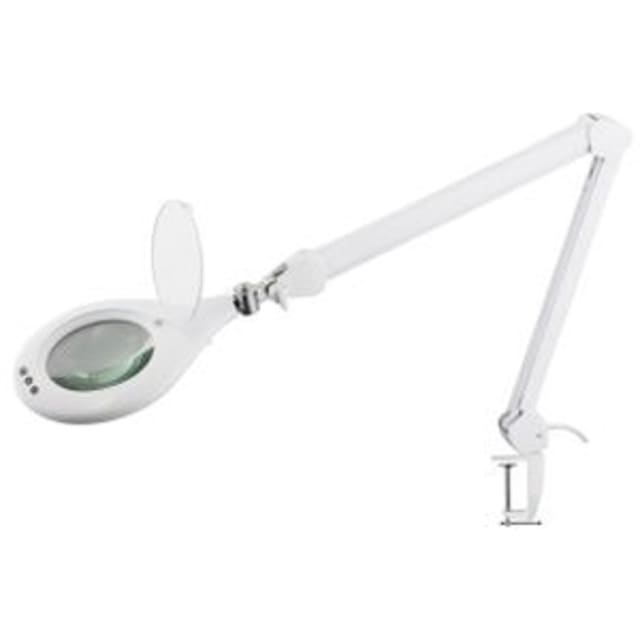 Loupe blanche à couvercle relevé, bras articulé et pince de table