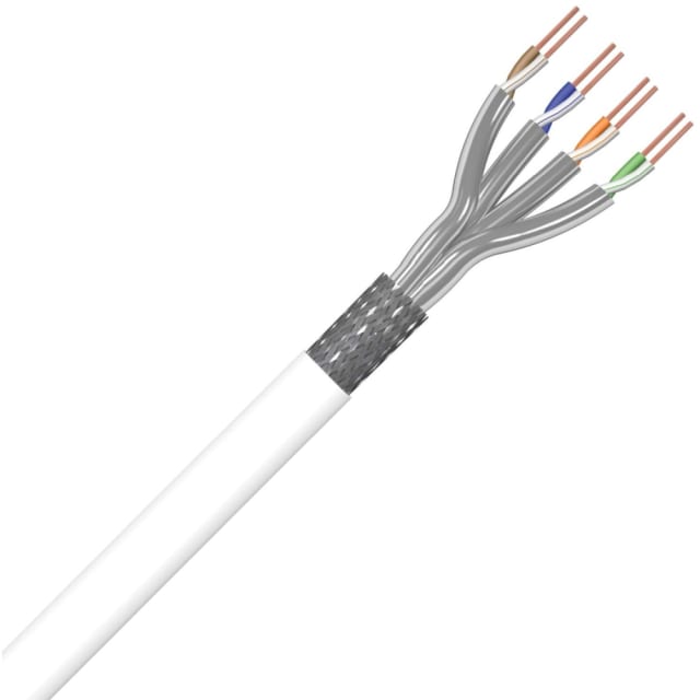 Excel Networking Solutions Blindage des quatre paires torsadées Coupe d’un câble blanc montrant quatre paires de conducteurs et écrans métalliques