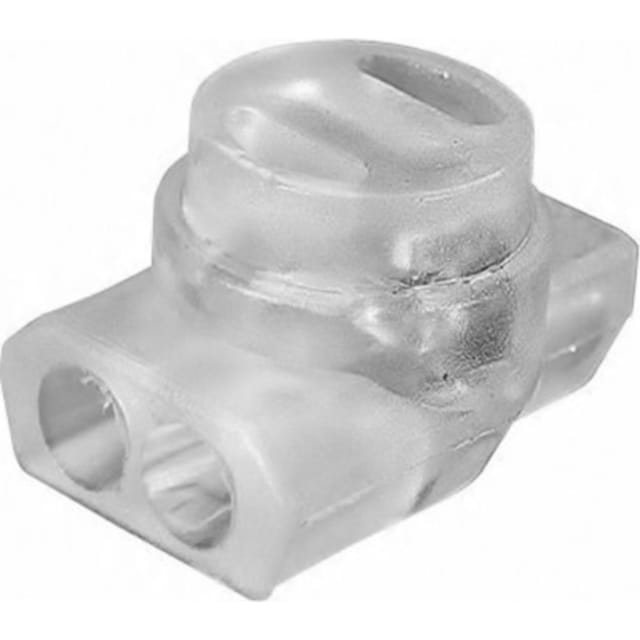Petit connecteur translucide avec bouton supérieur rond et deux passages de fils