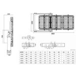 Plan coté d’un projecteur modulaire et de son étrier avec tableau des dimensions par puissance