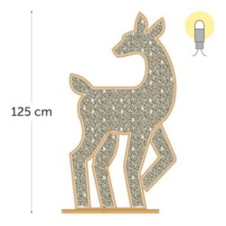 Silhouette de biche dorée à patte relevée, socle horizontal et cote verticale de cent vingt-cinq centimètres
