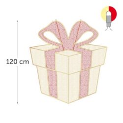 Dessin d’un paquet cadeau doré à grand nœud rouge, avec cote verticale de cent vingt centimètres