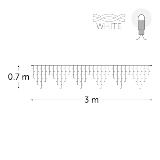 Schéma d’une frange à LED blanches, câble horizontal et descentes de longueurs variables, avec cotes