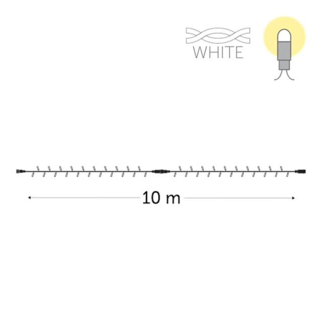 Schéma du câble blanc à petites LED et connecteurs aux extrémités, coté dix mètres