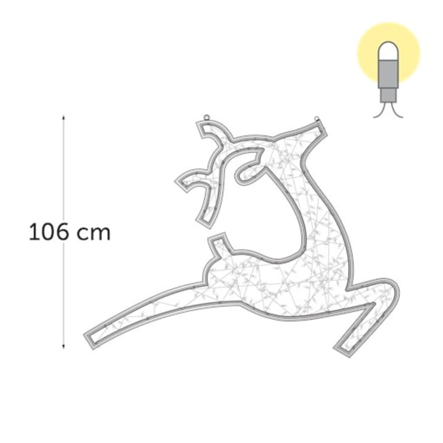 Schéma d’un renne en mouvement avec contour ajouré, points lumineux et cote verticale de cent six centimètres