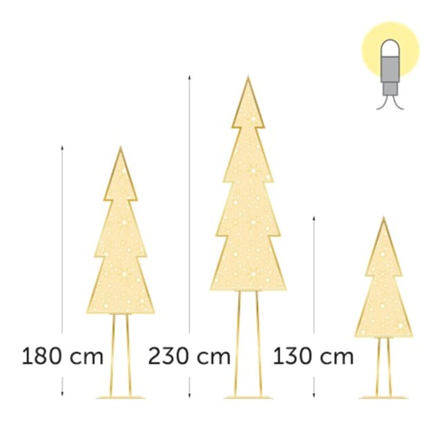 Trois silhouettes de sapins dorés sur socles avec cotes verticales de cent trente, cent quatre-vingts et deux cent trente centimètres