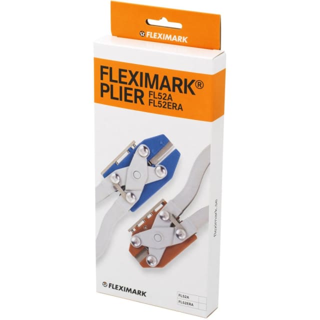 Emballage orange et blanc présentant deux formes de pince à perforer et couper