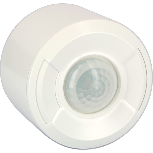 Détecteur rond blanc avec lentille centrale à facettes et capot de réglage intégré sur le côté