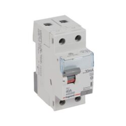 Appareil modulaire gris avec levier bleu, bouton de test et marquage 40 A 30 mA
